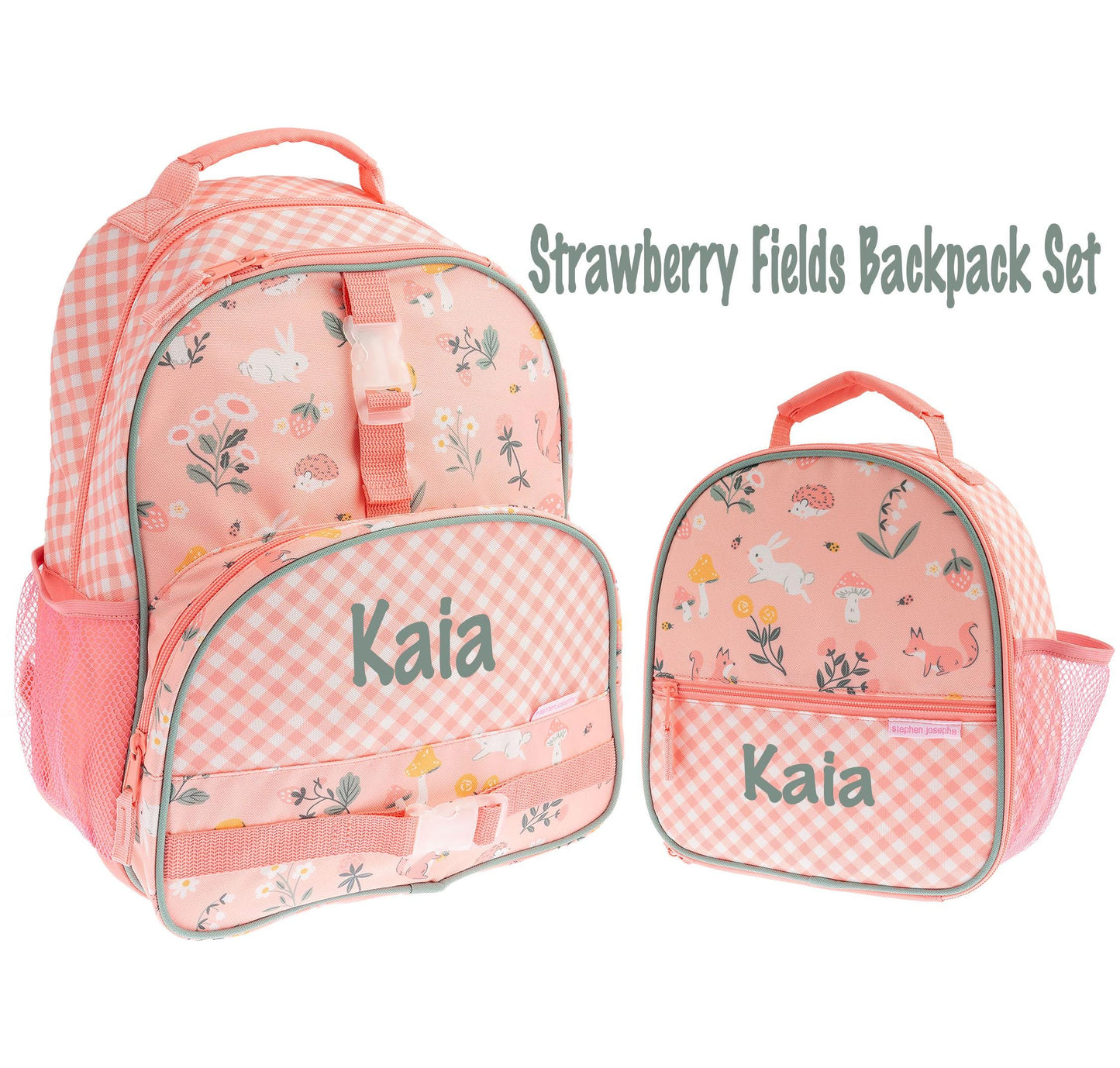 Children's All Over Print Backpack and Lunchbox Set Stephen Joseph with Embroidery Personalization, Strawberry backpack, Bunny Backpack set