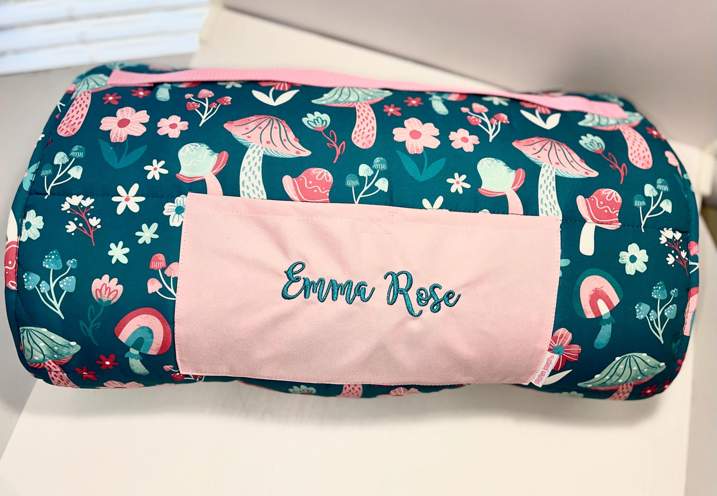 Children's Pink Mushroom Flower garden Nap Mat with attached pillow and blanket, Pre School Sleep Mat / Daycare Nap Time, Personalized School Nap Mat
