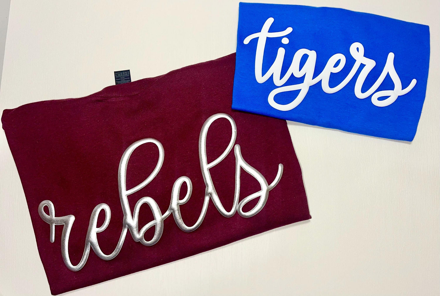 Puff Vinyl Cozy Sweatshirt, Sports team sweatshirt, spirit shirt, Game day shirt, Mascot Team Top, Large script name shirt, Tigers, Rebels