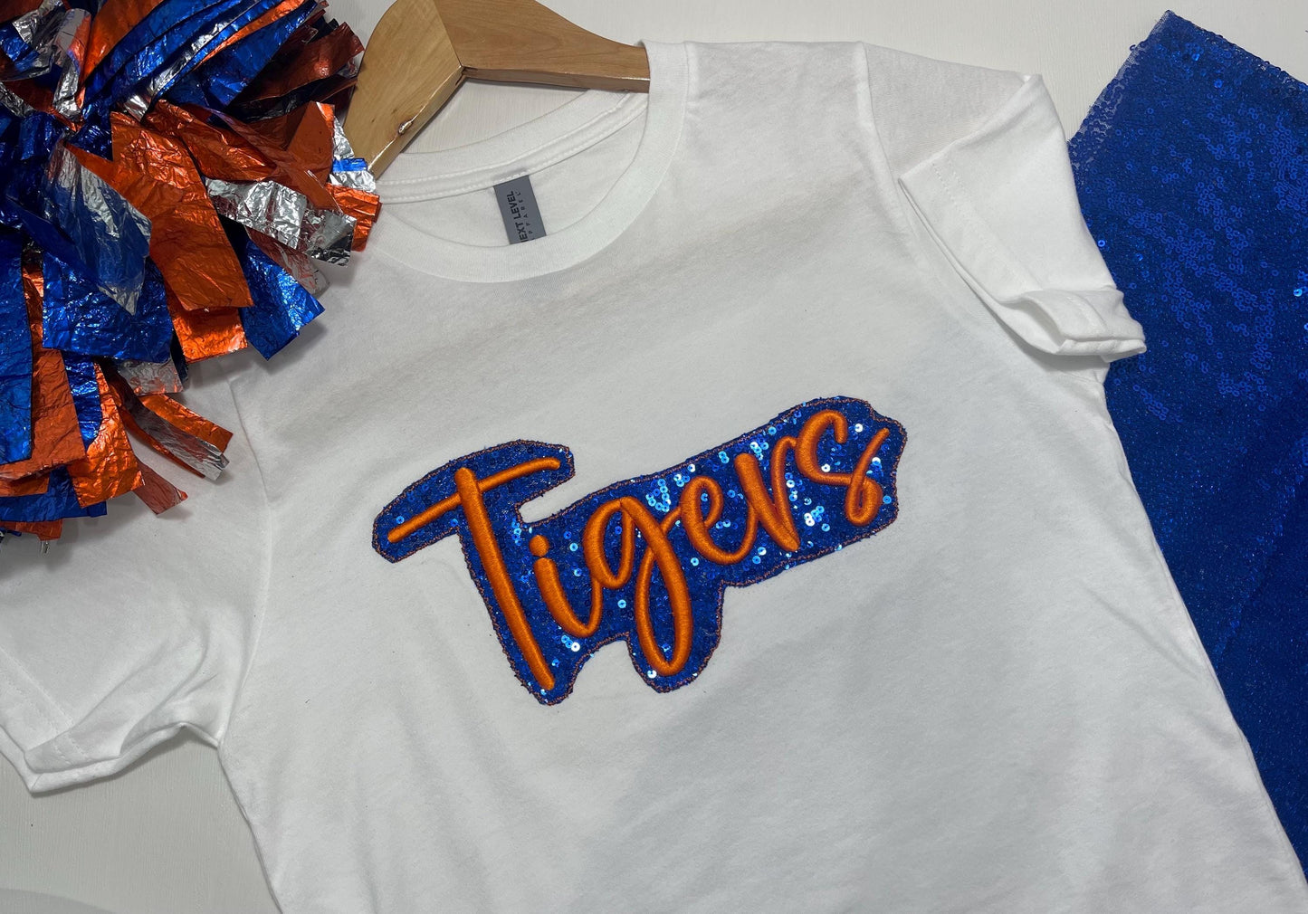 Tigers Shirt for Kids, School mascot tee, Football sibling shirt, School spirit top, Puff embroidery with glitter applique, Game Day, Tigers
