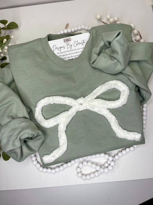 Trendy and cute Bow yarn Shirt, Sweatshirt with bow, 3D embroidery, dainty embroidered bow shirt, crew neck sweatshirt, white bow shirt