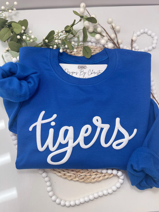 Puff Vinyl Cozy Sweatshirt, Sports team sweatshirt, spirit shirt, Game day shirt, Mascot Team Top, Large script name shirt, Tigers, Rebels
