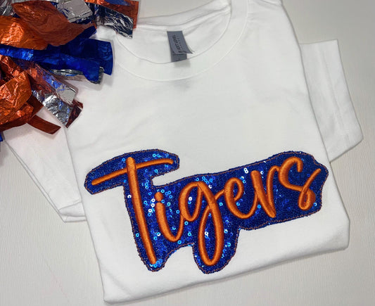 Tigers Shirt for Kids, School mascot tee, Football sibling shirt, School spirit top, Puff embroidery with glitter applique, Game Day, Tigers