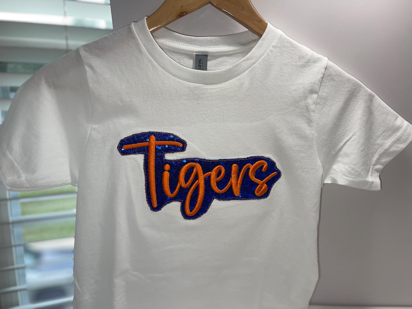 Tigers Shirt for Kids, School mascot tee, Football sibling shirt, School spirit top, Puff embroidery with glitter applique, Game Day, Tigers