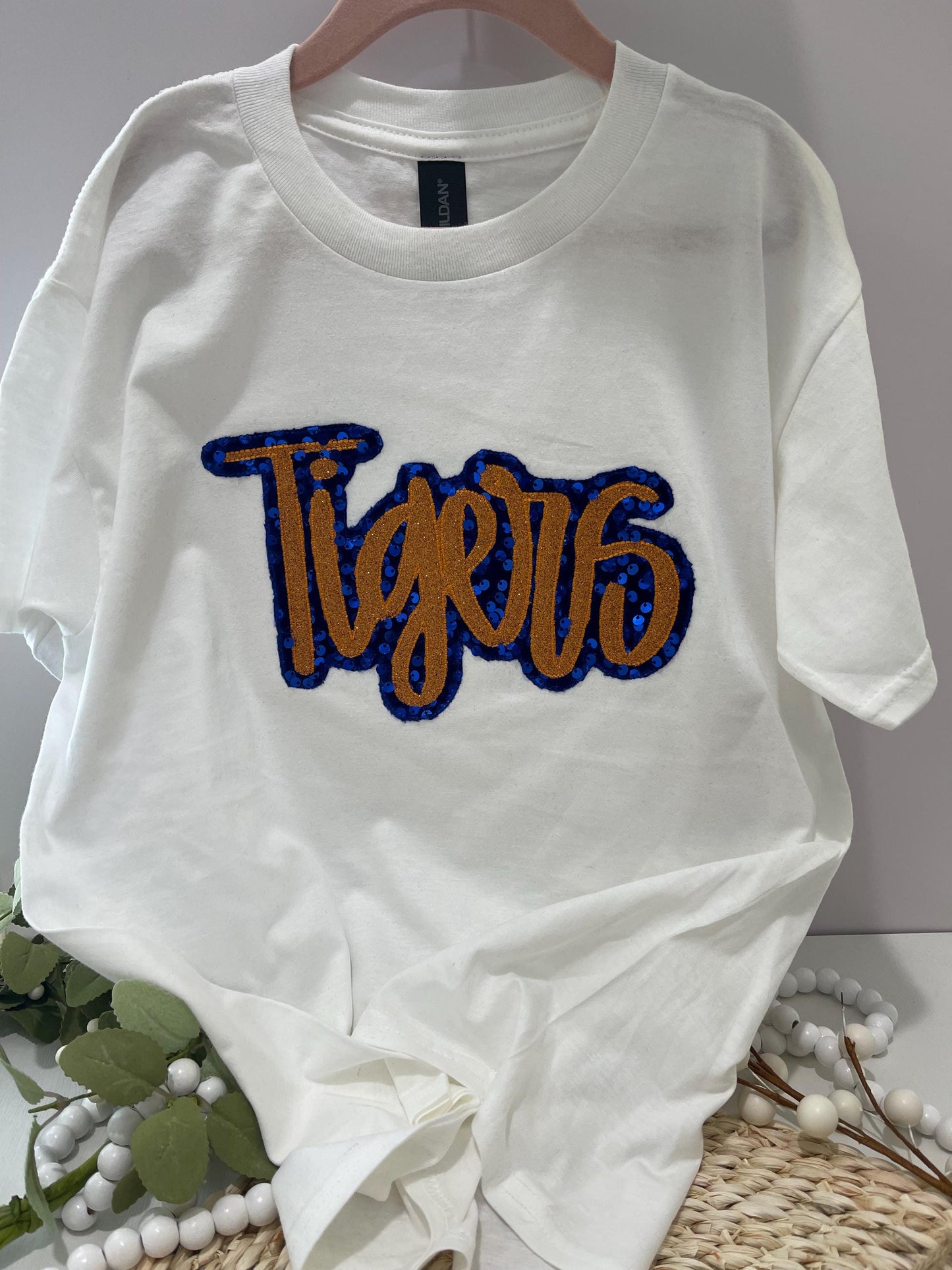 Tigers Shirt for Kids, School mascot tee, Football sibling shirt, School spirit top, Puff embroidery with glitter applique, Game Day, Tigers