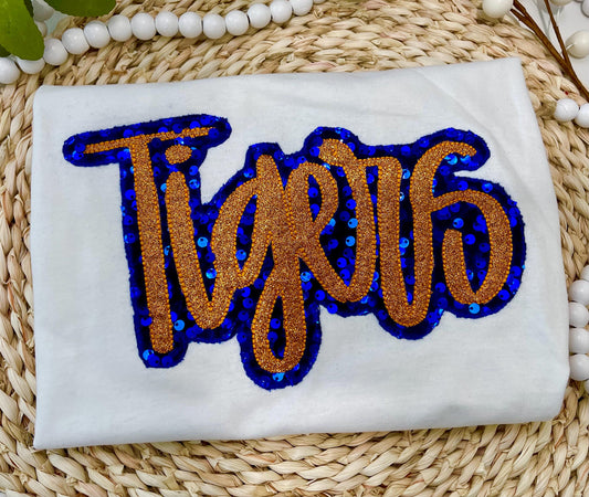 Tigers Shirt for Kids, School mascot tee, Football sibling shirt, School spirit top, Puff embroidery with glitter applique, Game Day, Tigers